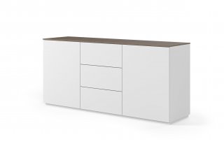 Buffet WHITY 2 blanc mat 180cm 2 portes/3 tiroirs Plateau en bois noyer